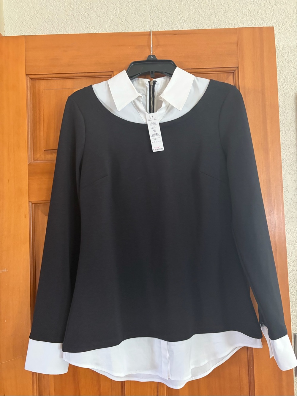 White House Stretch Layered Black and White Long-Sleeve Top with Contrast Collar